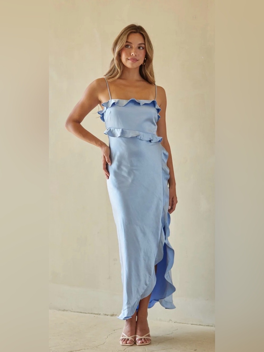 Secrets and Saints Light Blue Ruffle Slip Midi Dress